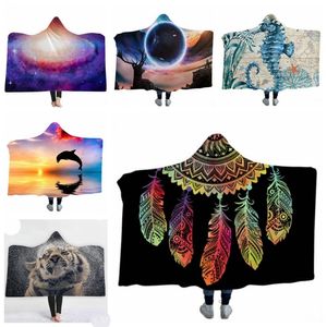 Hooded Blanket Mandala Dreamcatcher Sherpa Fleece Blankets Kids Throw Blanket Winter Bedding Supplies Christmas Gift 12 Designs 30pcs YW1677