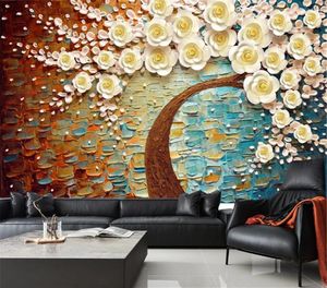 Online Wholesale Wallpaper three-dimensional embossed rose giant oil painting TV background wall paper custom decorative wallpaper