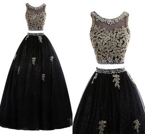 Złote Koronki Czarne Prom Dresses 2 Sztuk Kryształ Zroszony Hollow Powrót Dresses Graduation Sukienki 8th Grade Suknie Wieczór Wear Party Formalna Sukienka