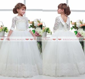 Long Vintage Sleeves Flower Girls Dresses Peter Pan Neckline Lace Applique Rhinestones Princess Birthday Party Ball Gown