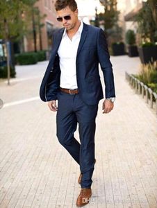 Gece Mavisi Mens Düğün Smokin Biçimsel Suit En İyi Erkek Damat Erkek Blazers Suits Notch Yaka takımları (Blazer + Pantolon)