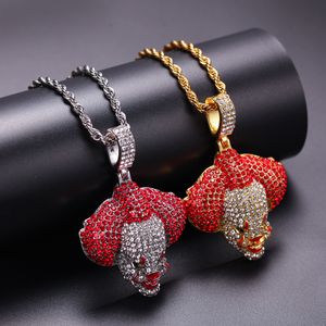 Nova Moda Hip Hop Bling Vermelho e Branco Completo Diamante Palhaço Pingente Colar De Ouro e Prata Twist Cadeia De Corrente Jóias Presentes Para Homens Mulheres