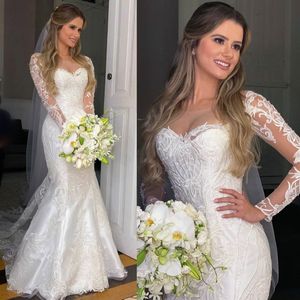 Muhteşem Dantel Deniz Kızı Gelinlik Şeffaf Bateau Boyun Uzun Kollu Gelinlik Sweep Tren Plus Size Trompet elbise de mariée