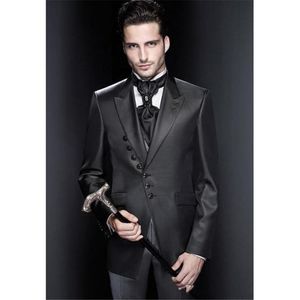 Royal Black Groom Tuxedos Peak Lapel Slim Fit Groomsmen Mens Suknia Ślubna Doskonała Kurtka Mężczyzna Blazer 3 Piece Suit (Jacket + Spodnie + Kamizelka + Krawat) 19