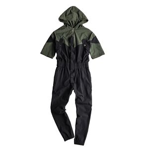 Aboorum Mäns Bib Jumpsuits Kortärmad Patchwork Hooded Jogger Byxor Trendiga Overaller Army Green Overaller med Belt R3433