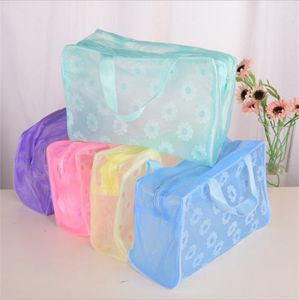 PVC Clear Cosmetic Storage Bag Makeup Organizer Travel Portable Vattentät Transparent Blommigt Toalettsaker Badkedja Pärla Make Up Väskor