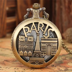 Steampunk Fickur Hollow Out Paris Design Analog Quartz Klockor Halsband Hänge Kedja Souvenir Present Reloj de bolsillo