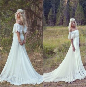 Neue schulterfreie, sexy Land-Stil-Strand-A-Linien-Hochzeitskleider, Spitzenapplikation, Hochzeits-Brautkleider, rückenfrei, Sweep-Zug, Boho-Hochzeitskleid