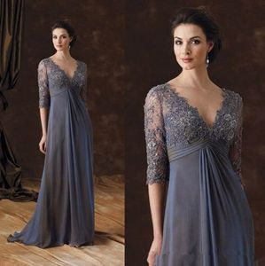 Elegante Empire-Taille Kleider für die Brautmutter Spitze Halbarm Abendkleider V-Ausschnitt Chiffon Langes Hochzeitsgastkleid M98304q