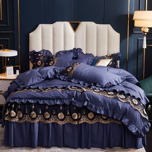 Luxury Satin Jacquard Silk / Bomull Sängkläder Set Lace Duvet Cover BedClothes Bed Sheet Set Pillowcases Bed Cover Queen King Plus Storlek