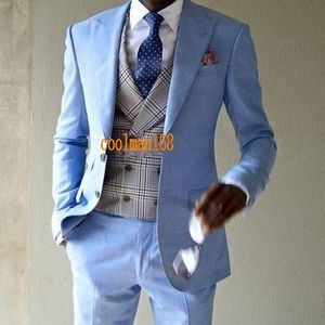 Fashion Light Blue Groom Tuxedos Peak Lapel Groomsmen Mens Bröllopsklänning Stilig Man Jacka Blazer 3 Piece Suit (Jacka + Byxor + Vest + Tie) 912