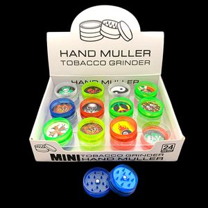 Mini Mini Herb Grinder de 30 mm para fumar 24ps/lote acrílico plástico duro Tabaco Muller Spice Brusher com adesivos