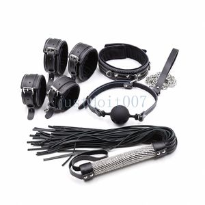 Bondage Real Leather Bed Bondage Set Restraint kit Collar Whip Hand Ankle Cuffs Gag New #R45