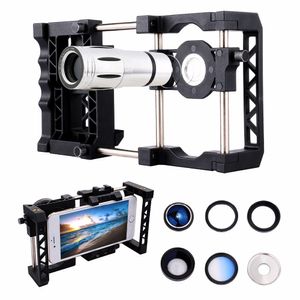 Freeshipping Telefonhalterung Stabilisator Griffkäfigsystem + Teleskop + Makro-Weitwinkel-Fisheye-Objektiv + Filter für iPhone 7 6S 6 Samsung