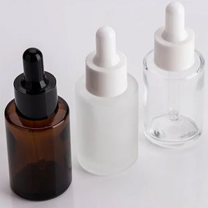 Bottiglie di vetro trasparente marrone satinato da 30 ml con tappo bianco nero Bottiglie contagocce di vetro vuote cosmetiche per olio essenziale da 1 OZ 30 ml