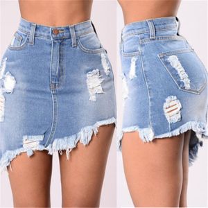 Lässiger, hoch taillierter Jeansrock in blauer heller Waschung, Mini-Bleistiftrock für Damen im Distressed-Stil, sexy, zerrissene Sommerröcke