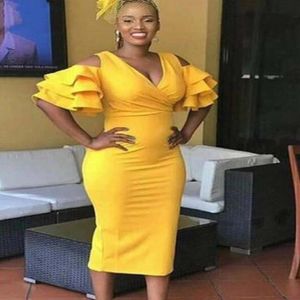 Yellow Kaftans Sexy Ladies Western Wear Bodycon Bandage Evening Dresses Simple Mermaid With Tiered Ruffles Short Sleeves Evening Dress