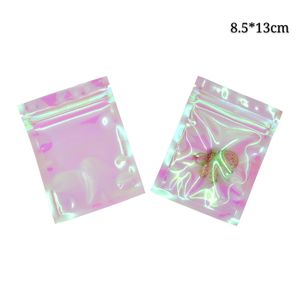 8.5 * 13cm 100pcs Ologramma Mylar Foil Zip Lock Gift Package Bags Reclosesble Odore Proof Laser Imballaggio Sacchetti di plastica impermeabili
