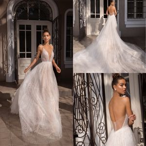 2019 Elihav Sasson Beach Tulle Wedding Dresses Beaded Boho Bohemian Bridal Gowns Sexy Spaghetti V Neck Backless Sweep Train Wedding Dress