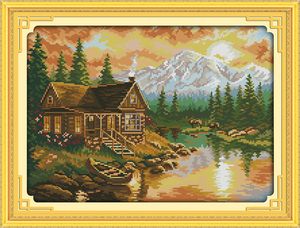 Pôr do sol cenário pintura de decoração para casa, Handmade Cross Stitch bordado Needlework define contados impressão sobre tela DMC 14CT / 11CT