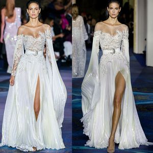 Luxury Zuhair Murad Beading A Line Bröllopsklänningar Långärmad Sheer Neck-Sequins Lace Appliqued Bridal Gowns Sexig High Split Wedding Dress