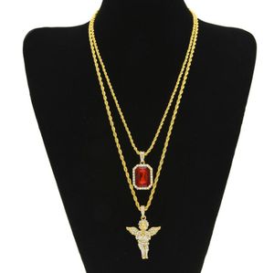 Wholesale two angel resale online - Two piece angel Bling Rhinestone Cross Pendant With Red Ruby Pendant Necklace Set Men Fashion Hip Hop Jewelry