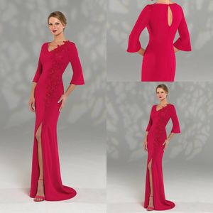 Mermaid Kırmızı anne gelin elbise V yaka 3/4 Uzun kollu aplike Boncuklu yüksek bölünmüş kat-uzunluk Custom made örgün Parti elbise ucuz