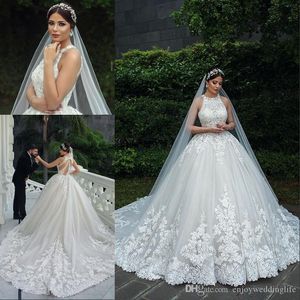 Lace Dubai Arabic Ball Gown Dresses Tulle Jewel Neck Backless Wedding Dress Bridal Gowns Plus Size Robe De Mariee s