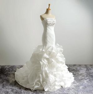 Tulle bianco Eventi per feste Abito da sposa Abito da sposa senza spalline Gonna con volant Fiore fatto a mano Abiti da sposa Corsetto Indietro