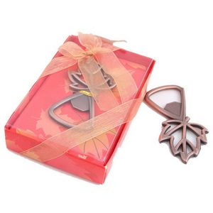 50pcs Tema de outono Favorias de casamento Magic Collection Abertores de garrafas de design de folhas de bronze antigo na caixa de presente Maple Solid Metal Leaves Abridor de cerveja