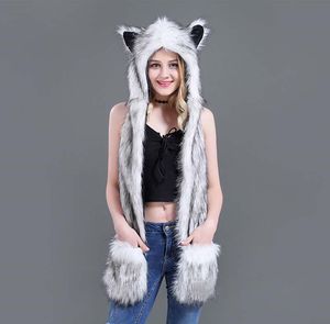 Cartoon Animal Head Hat Gloves Fur Scarf Hood Hat Multi Function Cap pocket winter warm hats