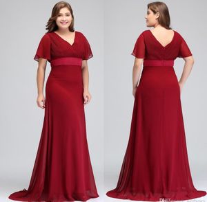 半袖vネックプリーツの暗い赤いプラスサイズの機会ドレスシフォンフォーマルイブニングプロムガウン