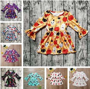 Halloween Christmas Baby Clothes Fall Girls Ruffled Sleeve Dresses Toddler Baby Dinosaur Letter Pumpkin Cotton Raglan Dresses Kids Clothing