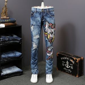 Lyx broderi jeans rippade hål jeans manlig smal passform rakt denim män designer patchwork homme vaqueros hombrre