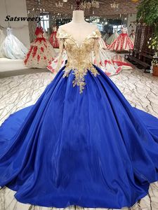 Royal Blue Puffy aftonklänningar Fullärmar Vintage Guldapplikationer 3D Flower Long Prom -klänningar Bow Plus Size Evening Gown 2023