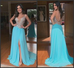 Chiffon High Sexy Split Prom Dresses Jewel Neck Beading Sequined Plus Size Party Gowns Sweep Train Abendkleider Evening Dress Robe De Marie