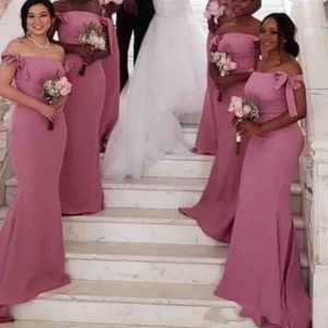 New Arrival Bridesmaid Off Shoulder Cap Sleeves Bow Open Back Sweep Tain Plus Size Wedding Guest Dress Maid Of Honor Gowns