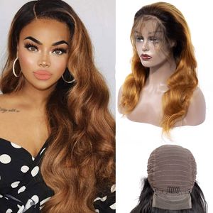 Peruansk människa hår 1B/30 Virgin Hår spetsar Front Wig Body Wave 13x4 peruker Två toner Färgfri del