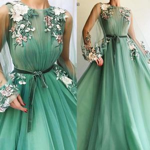2020 Kraj iluzja z długim rękawem Tulle A-Line Mint Green Prom Dresses Aplikacje Kwiaty Vestidos de Festa Longo Formalna suknia wieczorowa
