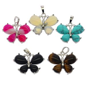 DIY fashionable natural gemstone jewelry alloy butterfly shaped 5 color gemstone pendant