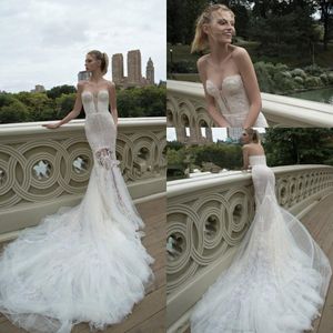 Inbal Dror 2020 Spring Collection Amazing Lace Feather Chapel Train Backless Beach Wedding Dresses Sweetheart Mermaid Bridal Dresses 2053