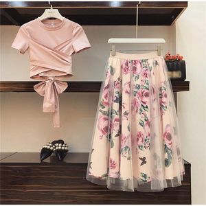 Floral Print Women T 셔츠+메쉬 슈트 Bow Knot Vintage Two Piece 세트 우아한 여자 치마 2019 여름 소녀 티 탑 여성