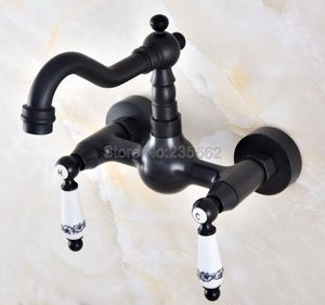 Rubinetto per lavello da cucina in ottone lucidato a olio nero Rubinetto per lavabo a parete con doppia maniglia Rubinetto per miscelatore freddo e caldo lnf859