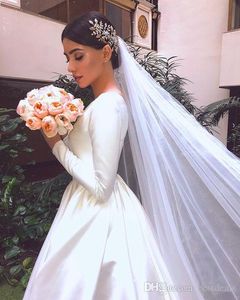 Barato modesto mangas compridas vestidos de casamento de cetim bateau pescoço varredura trem mangas compridas plus size país vestidos de noiva vestidos de no2786