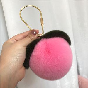 Real Genuine Rabbit Rex Fur Juicy Peach Pompom Ball Bag Charm Keychain Pendant Kids Toy Gift