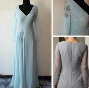 2019 I più venduti eleganti scollo a V abiti per la madre della sposa abito da sera in chiffon e pizzo trasparente con scollo a V con cristalli a maniche lunghe