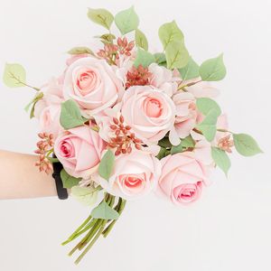 Grande rosa buquê artificial flores nupcial de seda hydrangea grande flor falso eucalipto baga de natal casamento decoração