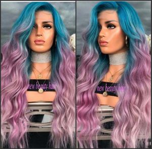 New Fashion Peruca Cabelo Deep Long Body Wave Hair Wigs Kändisstil Blå Ombre Rosa Purple Syntetisk Lace Front Wig För Kvinnor