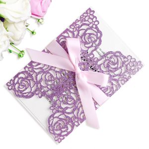 2020 Light Purple Glitter Laser Cut Invitation Cards With Ribbons For Wedding Bridal Shower Engagement Birthday Graduation Party