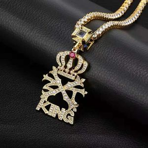 collane con ciondolo a corona ghiacciata hip hop per uomo donna designer di lusso KING lettere bling pendenti con diamanti lettera catena da tennis in oro gioielli